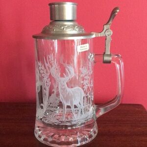 Vintage German Mug Stein Etched Deer Buck Trees Pewter Lidded Top Xmas Gift